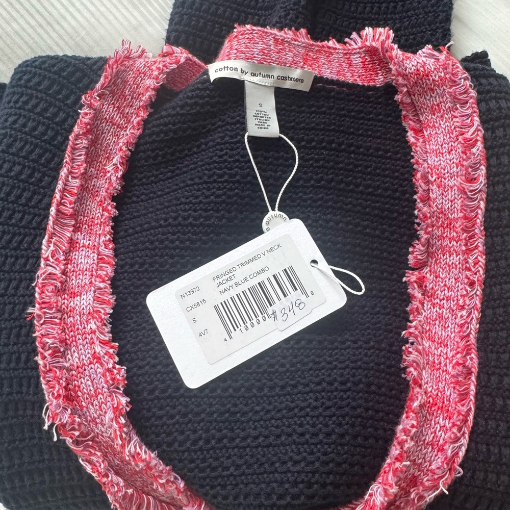 NWT Autumn Cashmere Cotton Navy Sweater jacket with Pink trim